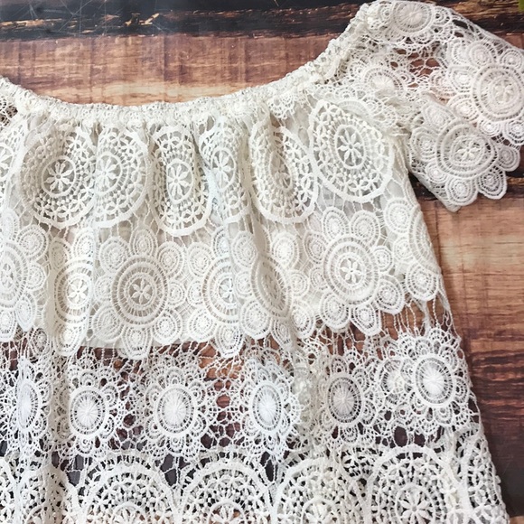 Sale! White Off Shoulder Crochet Lace Sheer Top - Picture 5 of 6